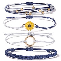 Fancy Shiny Sunflower String Bracelet Handmade Braided Rope Charms Boho Surfer Bracelet For Teen Girls Womennavy Blue