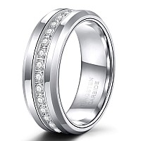 Trumium 8Mm Mens Wedding Band Tungsten Rings For Men Women With White Cubic Zirconia Eternity Ring Cz Inlaid Silver Mens Rings B