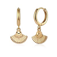 Myears Women Fan Earrings Gold Huggie Hoop Sector Dangle Drop 14K Gold Filled Small Boho Beach Simple Delicate Handmade Hypoalle