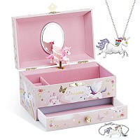 Kids Musical Jewelry Box With Big Drawer And Zirconia Stones Jewelry Set With Spinning Unicorn And Glitter Rainbow Butterfly Des