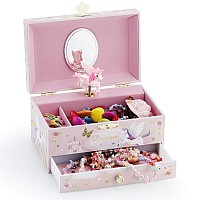 Kids Musical Jewelry Box With Big Drawer And Zirconia Stones Jewelry Set With Spinning Unicorn And Glitter Rainbow Butterfly Des