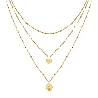 Aisansty Layered Gold Heart Initial Necklaces For Women Girls 14K Gold Plated Handmade Dainty Tiny Heart Personalized Letter Coi