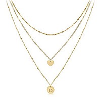 Aisansty Layered Gold Heart Initial Necklaces For Women Girls 14K Gold Plated Handmade Dainty Tiny Heart Personalized Letter Coi