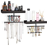 Keebofly Hanging Wall Mounted Jewelry Organizer With Rustic Wood Jewelry Holder Display For Necklaces Bracelet Earrings Ring Set