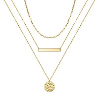 Turandoss Gold Layered Necklaces For Women 14K Gold Plated Disc Bar Dainty Handmade Hammered Layered Necklaces For Women