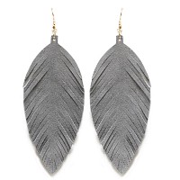 Large Genuine Soft Leather Handmade Fringe Feather Lightweight Tear Drop Dangle Color Earrings For Women Girls Fashion Grey