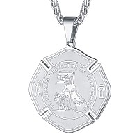 Faithheart Saint Florian Pendant Stainless Steel Fire Fighter Protector Medal With 24 Inches Chain Silver