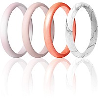 Thunderfit Womens Band Rings Thin And Stackable Silicone Rings Wedding Ring For Women 4 Rings Rose Gold Light Pink Marble