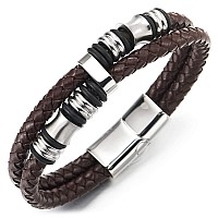 Coolsteelandbeyond Mens Brown Braided Leather Bracelet Doublerow Bangle Wristband With Stainless Steel Ornaments