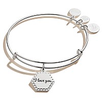 Alex And Ani Because I Love You Expandable Wire Bangle Bracelet For Women I Love You Charm Shiny Antique Silver Finish 2 To 3