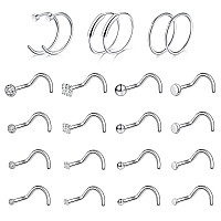 Ldurian 22Pcs Nose Ring Studs 18 Gauge Piercing Jewelry Set Surgical Steel Nose Hoop Rings Pack Nostril Piercing Jewel For Wo