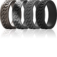 Thunderfit Silicone Wedding Ring For Men 4 Rings Chain Pattern Rubber Engagement Bands 7Mm Wide 2Mm Thick Black Dark Gr