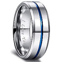 Greenpod 8Mm Tungsten Carbide Rings Silver Blue High Polished Beveled Edge Wedding Band For Men Women Engraved I Love You Size 1