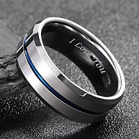 Greenpod 8Mm Tungsten Carbide Rings Silver Blue High Polished Beveled Edge Wedding Band For Men Women Engraved I Love You Size 1