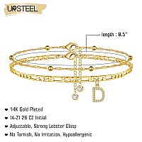 Ursteel Ankle Bracelets For Women D Initial Anklet 14K Gold Plated Dainty Adjustable Layered Figaro Chain With Cz Letter D Init