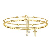 Ankle Bracelets For Women T Initial Anklet 14K Gold Plated Dainty Adjustable Layered Initial Anklets Set Beaded Chain Figaro Ch