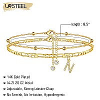 Ursteel Initial Ankle Bracelets For Women 14K Gold Plated Ankle Bracelet With Initial N Dainty Adjustable Beaded Chain Figaro C