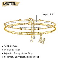 Ursteel Initial Ankle Bracelets For Women 14K Gold Plated Ankle Bracelet With Initial M Dainty Adjustable Beaded Chain Figaro C