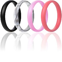 Thunderfit Super Thin Stackable Silicone Rings Wedding Bands 4 Rings 3Mm Width 15Mm Thickness Black Marble Light Pink F