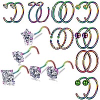 20G Nose Ring Hoop Surgical Steel Nose Rings Studs Nose Piercing Jewelry For Women Menrainbow S