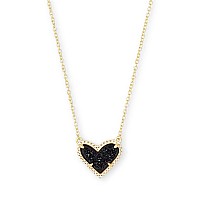 Kendra Scott Ari Heart Short Pendant Necklace In 14K Goldplated Brass Black Drusy Fashion Jewelry For Women