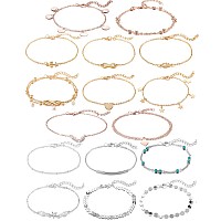 Softones 16Pcs Ankle Bracelets For Women Girls Gold Silver Two Style Chain Beach Anklet Bracelet Jewelry Anklet Setadjustable S