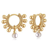 Myears Women Pearl Earrings Gold Huggie Ball Bead Hoop Dangle Drop 14K Gold Filled Small Simple Handmade Hypoallergenic Everyday