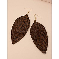 Large Genuine Soft Leather Handmade Fringe Feather Lightweight Tear Drop Dangle Color Earrings For Women Girls Fashion Brown Le