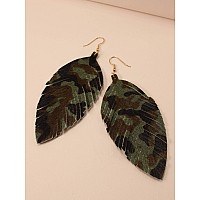 Large Genuine Soft Leather Handmade Fringe Feather Lightweight Tear Drop Dangle Color Earrings For Women Girls Fashion Olive Le