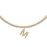 14K Yellow Gold Plated Cubic Zirconia Initial M Necklace Letter Tennis Chain Necklaces For Women