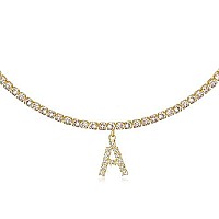 14K Yellow Gold Plated Cubic Zirconia Initial A Necklace Letter Tennis Chain Necklaces For Women