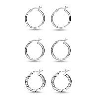 Charmsy Set Of 3 Pairs 925 Sterling Silver Clicktop Small Classic Twisted Textured Hoop Earrings For Women 18 Mm