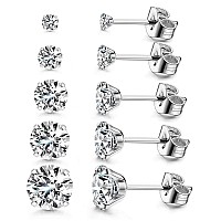 Kainier 5 Pairs Stud Earrings Set 316L Stainless Steel Earrings Cubic Zirconia Cz Ear Stud For Women Girls Hypoallergenic 37M