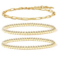 14Gold Beaded Bracelets For Women Gold Plated Chain Link Bracelet Stretchable Adjustable Bracelet3Pcs