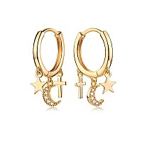 Myears Women Gold Huggie Earrings Hoop Moon And Star Cross Diamond Cubic Zirconia Dangle Drop 14K Gold Filled Small Boho Simple