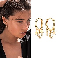 Myears Women Gold Huggie Earrings Hoop Moon And Star Cross Diamond Cubic Zirconia Dangle Drop 14K Gold Filled Small Boho Simple