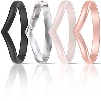 Thunderfit Silicone Wedding Bands For Women Thin Stackable Heart Shaped 27Mm Width 2Mm Thick Black Marble Light Pink R