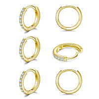 925 Sterling Silver Post Small Hoop Earrings Cubic Zirconia Huggie 14K Gold Plated Hoop Earrings3 Pairs Cartilage Piercing Earr