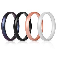 Thunderfit Silicone Wedding Bands For Women Super Thin Stackable 3Mm Width 15Mm Thick Black Galaxy Rose Gold Pearl 95