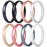 Thunderfit Silicone Wedding Bands For Women Super Thin Stackable 3Mm Width 15Mm Thick Black Metallic Blue Pearl Galaxy