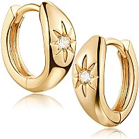 Mevecco Gold Starburst Huggie Hoop Earrings 14K Gold Plated Chunky Dainty Ear Cute Small Sleeper Celestial Cz Mini Starburst Hug