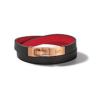 Bulova Jewelry Mens Latin Grammy Double Wrap Black Leather Bracelet With Red Lining And Rose Gold Tone Clasp