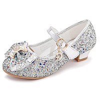 Walofou Flower Girls Dress Shoes Glitter Silver Girl Shoes Mary Jane Princess Shoes Girls High Heel Girls Ballerina Flat For Tod