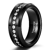 Trumium 8Mm Cubic Zirconia Ring For Men Women Black Wedding Band Tungsten Carbide Eternity Ring Cz Black Wedding Rings Beveled E