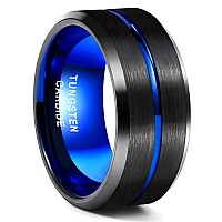 Greenpod 10Mm Black Tungsten Ring For Men Thin Blue Line Groove Beveled Edge Wedding Band Comfort Fit Size 105