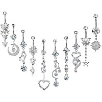 Newitin 10 Pieces 14G Belly Button Rings Dangle 316L Surgical Steel Navel Rings Cubic Zirconia Belly Piercing Jewelry Belly Dang