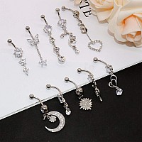 Newitin 10 Pieces 14G Belly Button Rings Dangle 316L Surgical Steel Navel Rings Cubic Zirconia Belly Piercing Jewelry Belly Dang