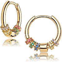 Mevecco Rainbow Earrings Multicolored Huggie Hoop Earrings 18K Gold Filled Dainty Colorful Micro Pave Cz Charm Mini Cubic Zircon