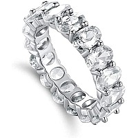 Savlano 18K White Gold Plated Cubic Zirconia Oval Cut Eternity Ring Band For Women Girls White Gold 5