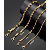 Giftall 4Mm 18K Real Gold Plated Rope Chain Necklace Stainless Steel Men Chain Necklace Women Chains 32 Inches